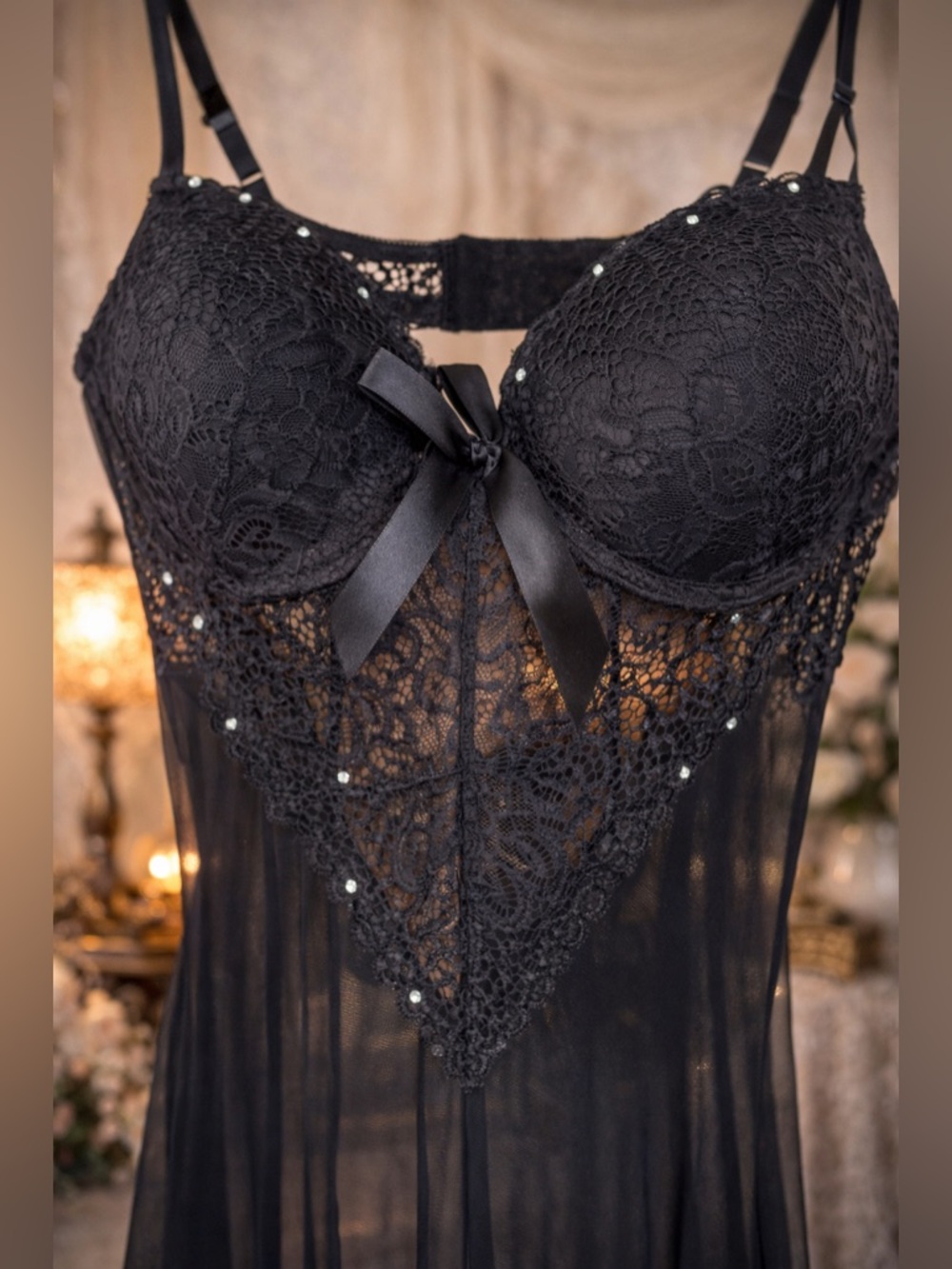 MAGIC SILK Exposed Long Black Sheer Lace Lingerie Gown – Sensual Mesh Size L - Picture 3 of 15